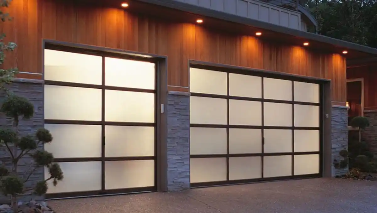 Frosted glass double garage door with stone pillars